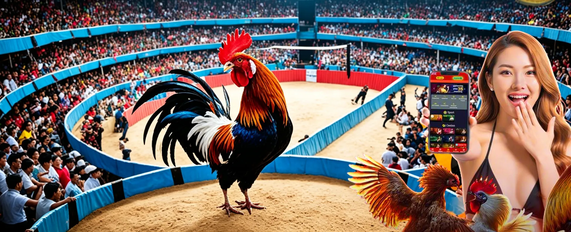 Dynamic shot of a sports arena with betting elements, highlighting PHLOVE's premier online sports betting in the Philippines